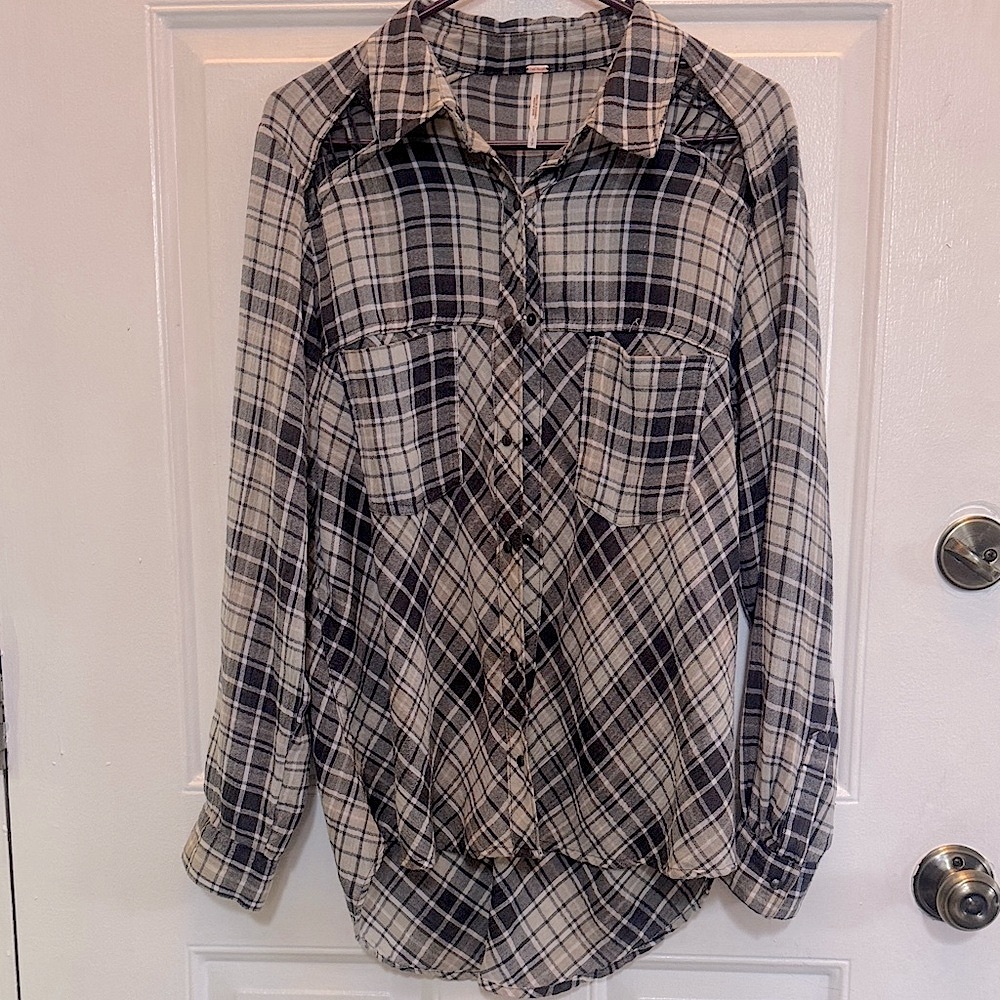 Free People Black and Tan Gauzy Plaid Shirt